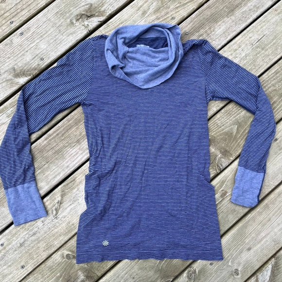 Athleta High Trail Cowl Neck Striped Long Sleeve Shirt Wool Blend Blue M